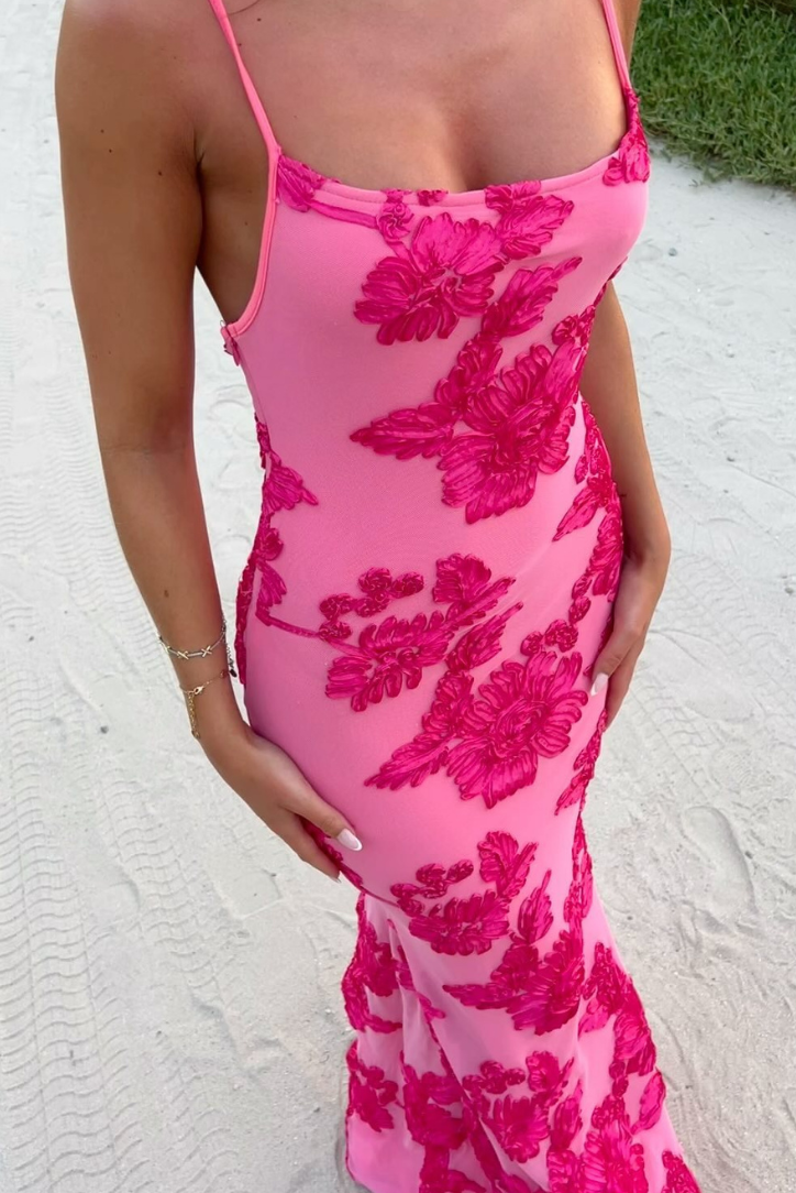 Sybil | Elegant Floral Embroidered Maxi Dress With Tie Straps