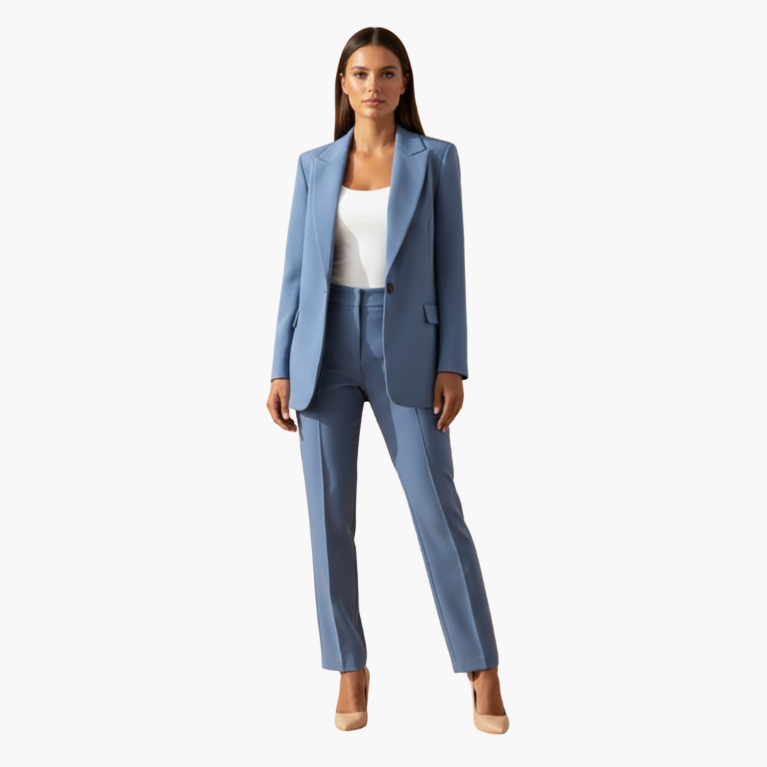 Leona | Elegant Notched Lapel Blue Suit Set For Professional Women