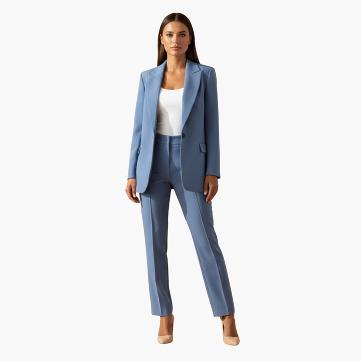 Leona | Elegant Notched Lapel Blue Suit Set For Professional Women