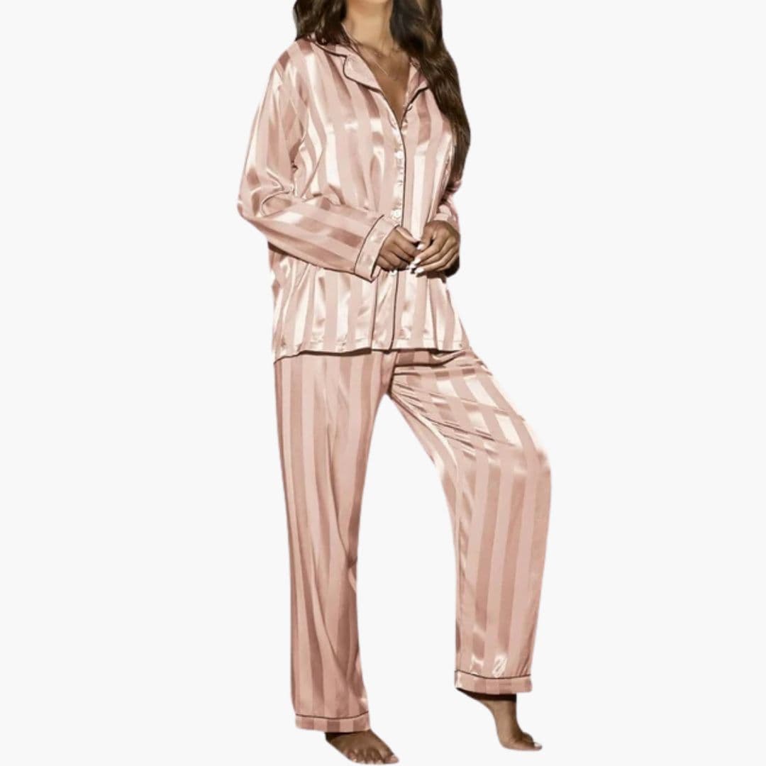 Margot | Elegant Striped Satin Pajama Set With Button-Up Top