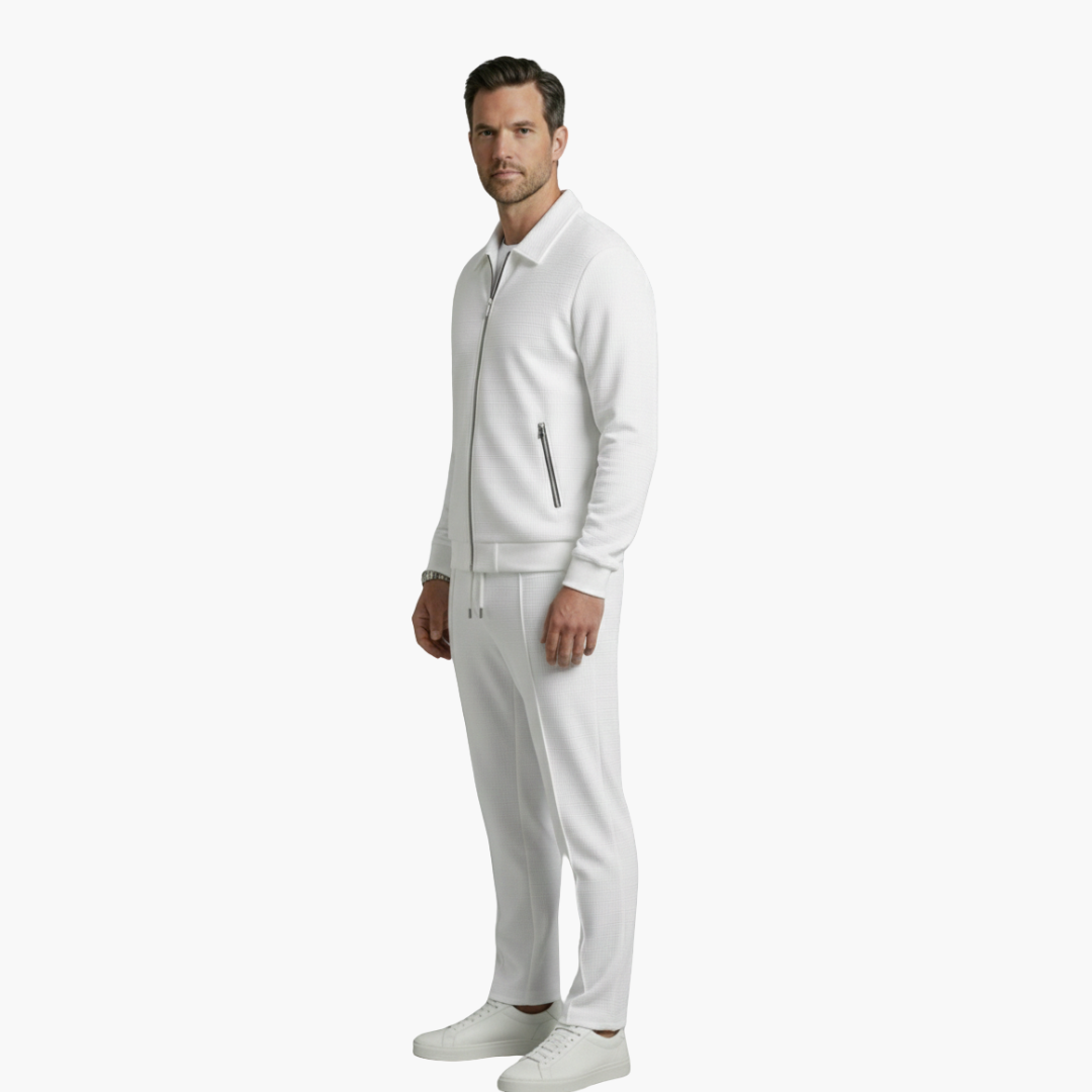 Eloise | Stylish Men's Beige Ribbed Tracksuit Set With Zip Jacket