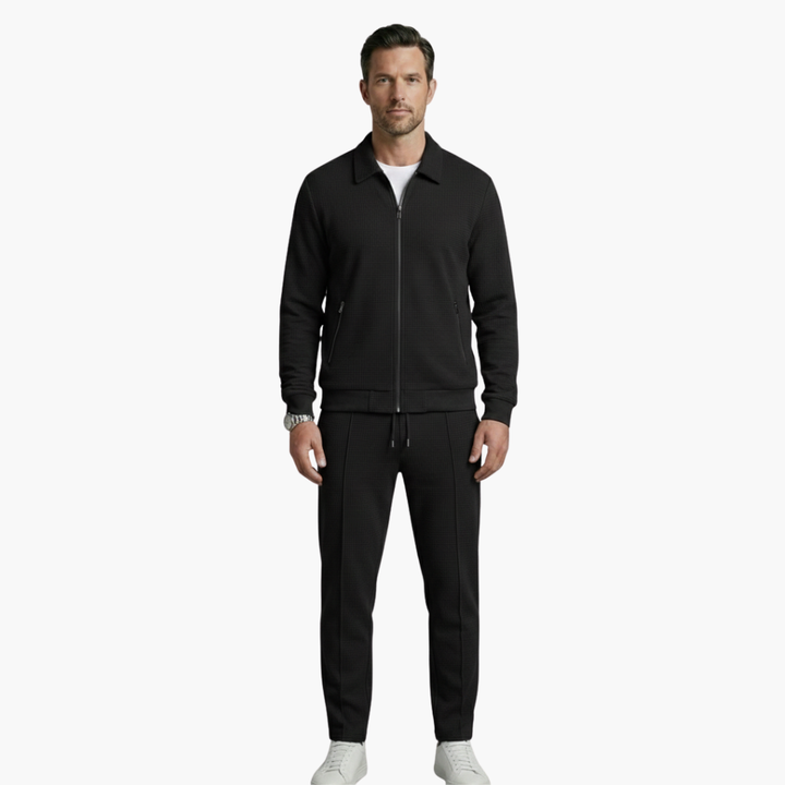 Eloise | Stylish Men's Beige Ribbed Tracksuit Set With Zip Jacket