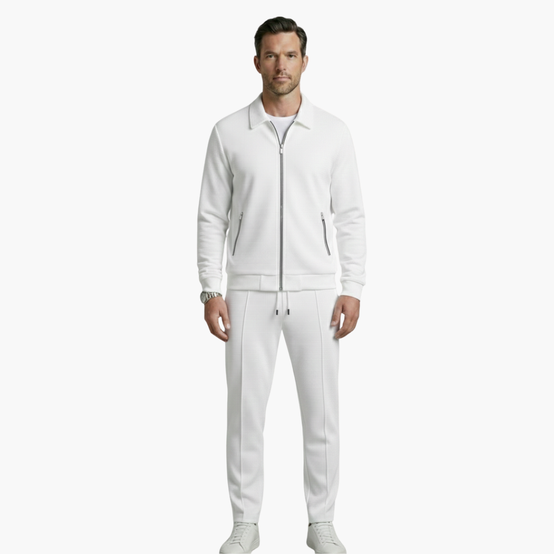 Eloise | Stylish Men's Beige Ribbed Tracksuit Set With Zip Jacket