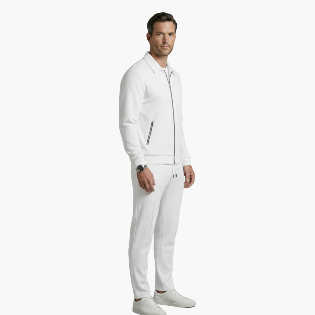 Eloise | Stylish Men's Beige Ribbed Tracksuit Set With Zip Jacket