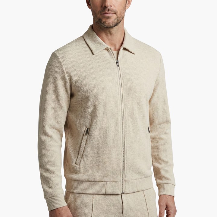 Eloise | Stylish Men's Beige Ribbed Tracksuit Set With Zip Jacket
