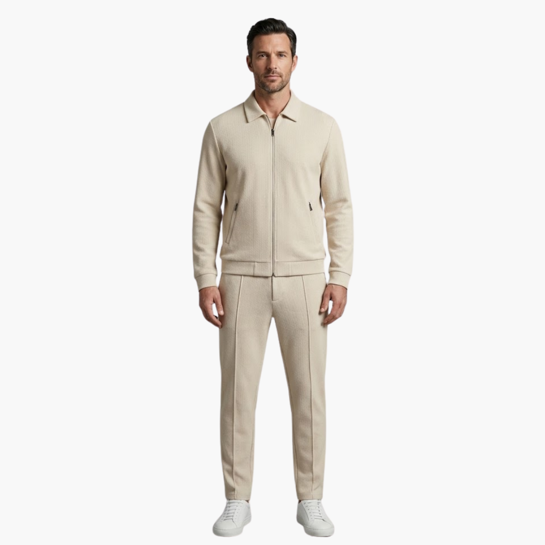 Eloise | Stylish Men's Beige Ribbed Tracksuit Set With Zip Jacket