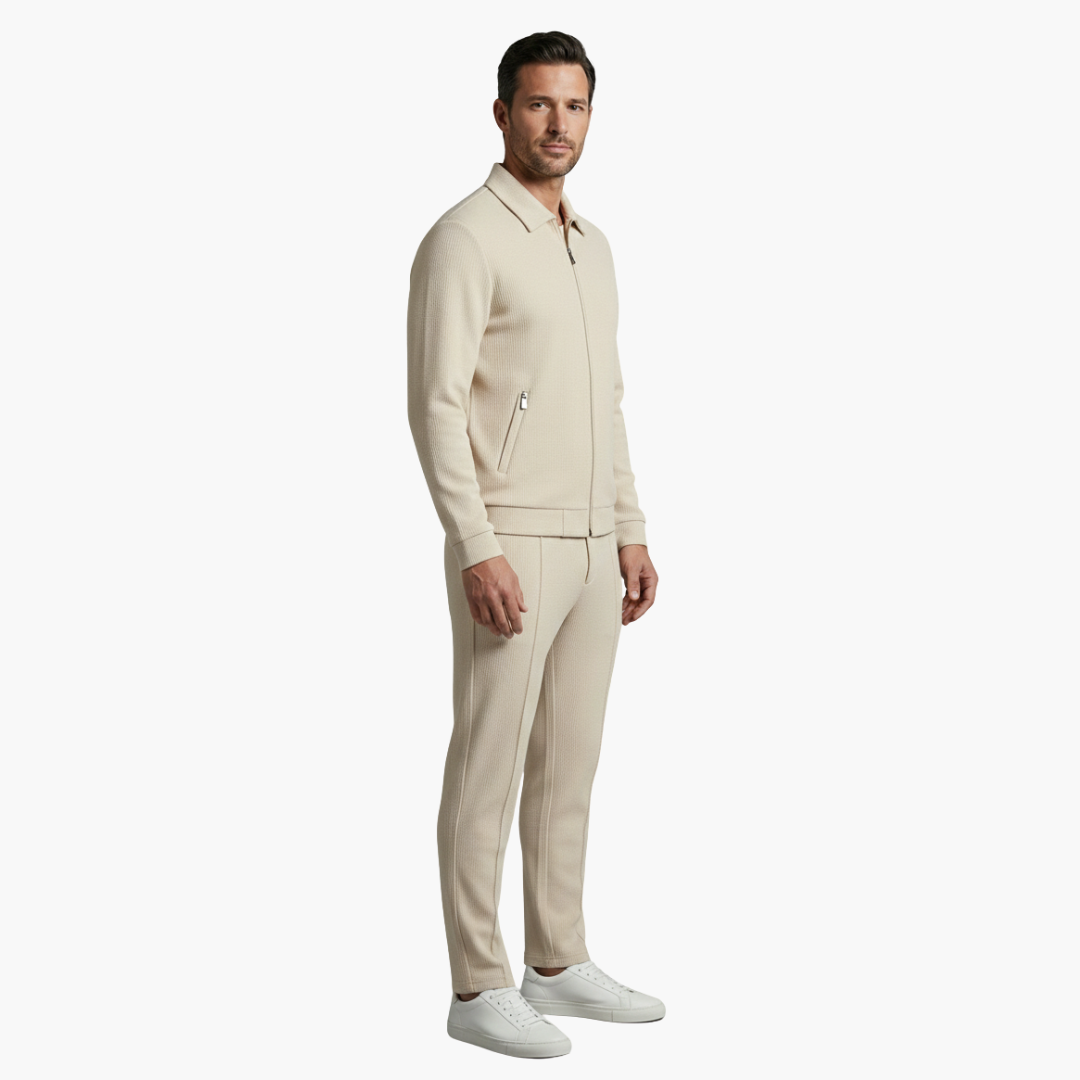 Eloise | Stylish Men's Beige Ribbed Tracksuit Set With Zip Jacket