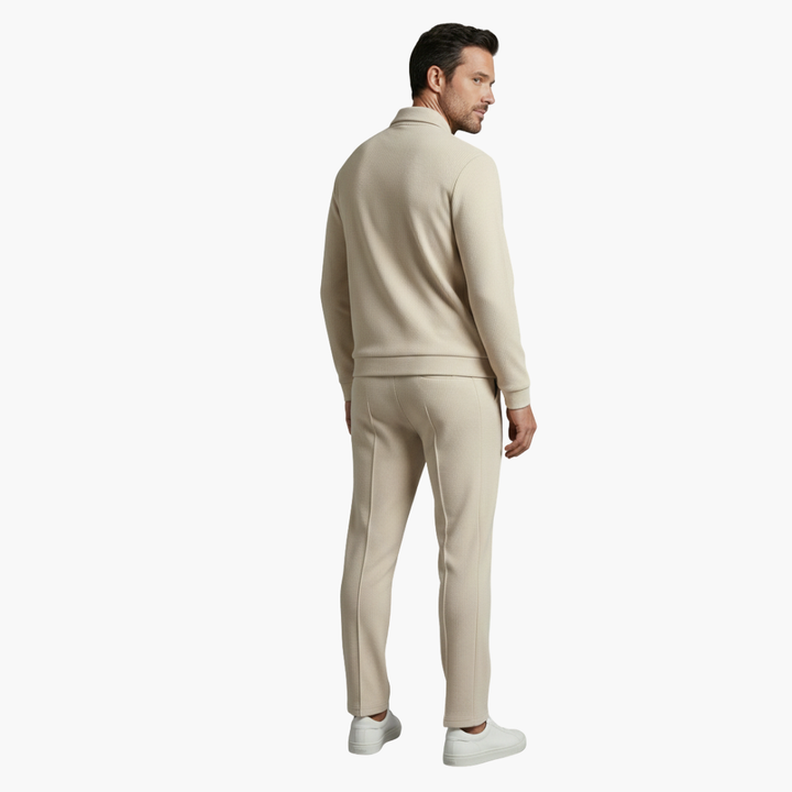 Eloise | Stylish Men's Beige Ribbed Tracksuit Set With Zip Jacket