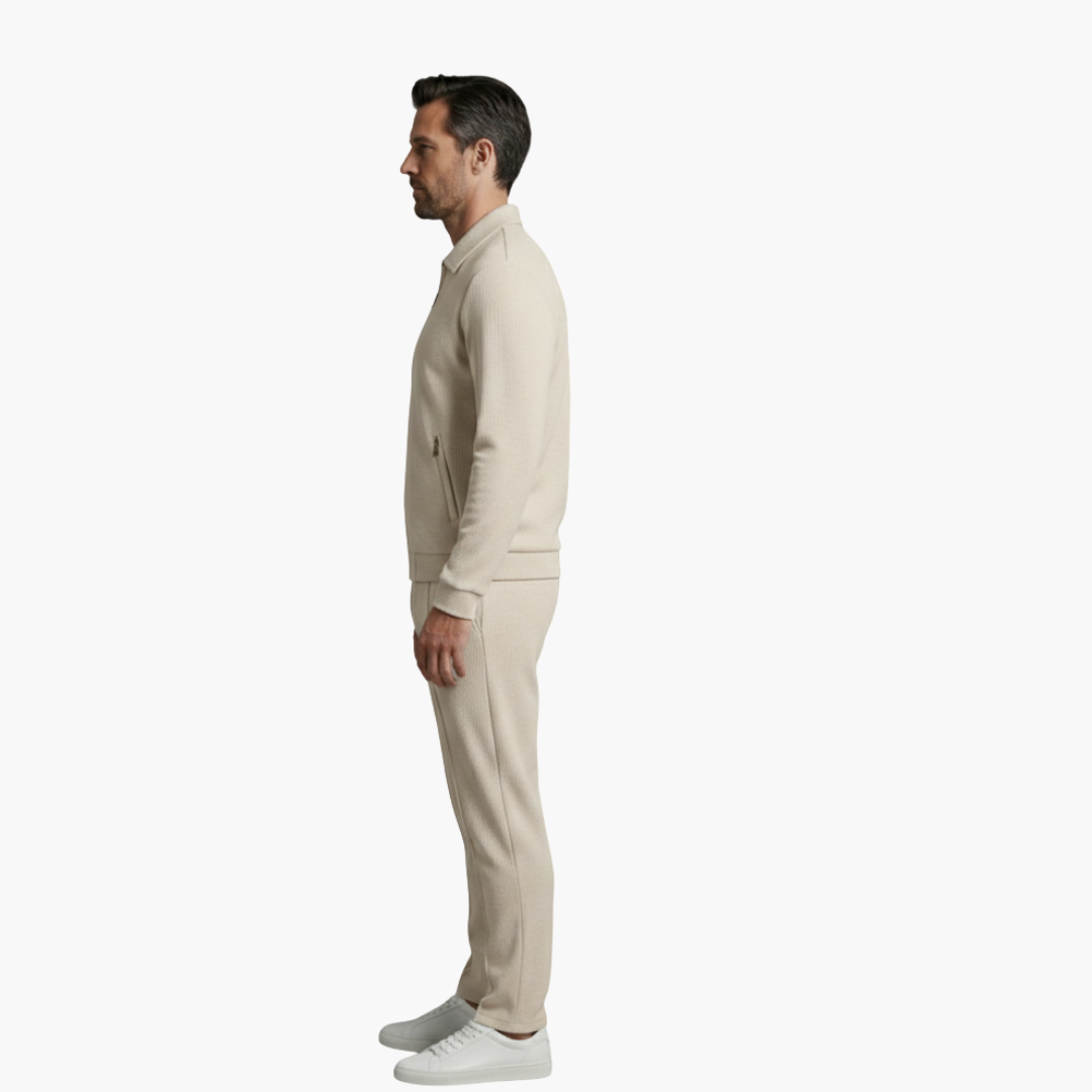 Eloise | Stylish Men's Beige Ribbed Tracksuit Set With Zip Jacket