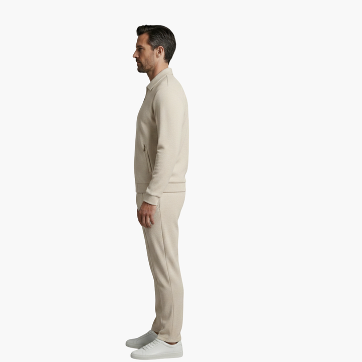 Eloise | Stylish Men's Beige Ribbed Tracksuit Set With Zip Jacket