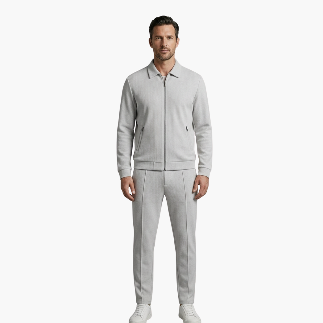 Eloise | Stylish Men's Beige Ribbed Tracksuit Set With Zip Jacket