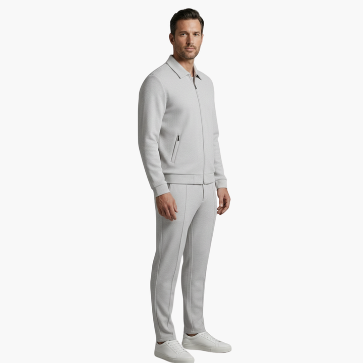 Eloise | Stylish Men's Beige Ribbed Tracksuit Set With Zip Jacket