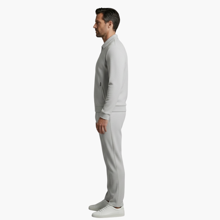Eloise | Stylish Men's Beige Ribbed Tracksuit Set With Zip Jacket