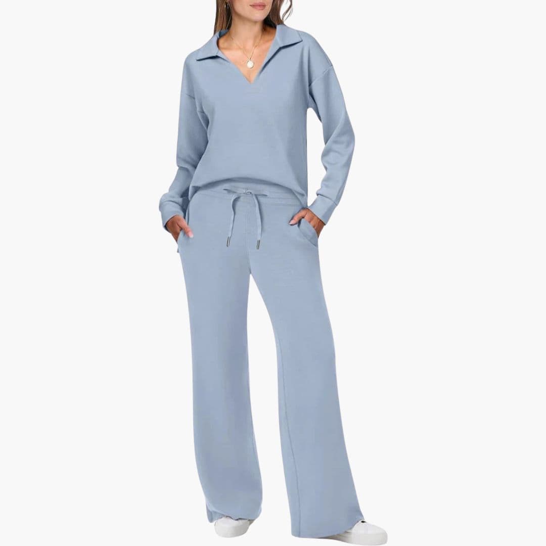 Elyse | Effortless V-Neck Two Piece Set With Wide Leg Pants