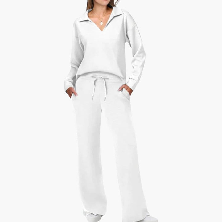 Nora | Chic Two Piece V-Neck Knit Set With Wide Leg Pants