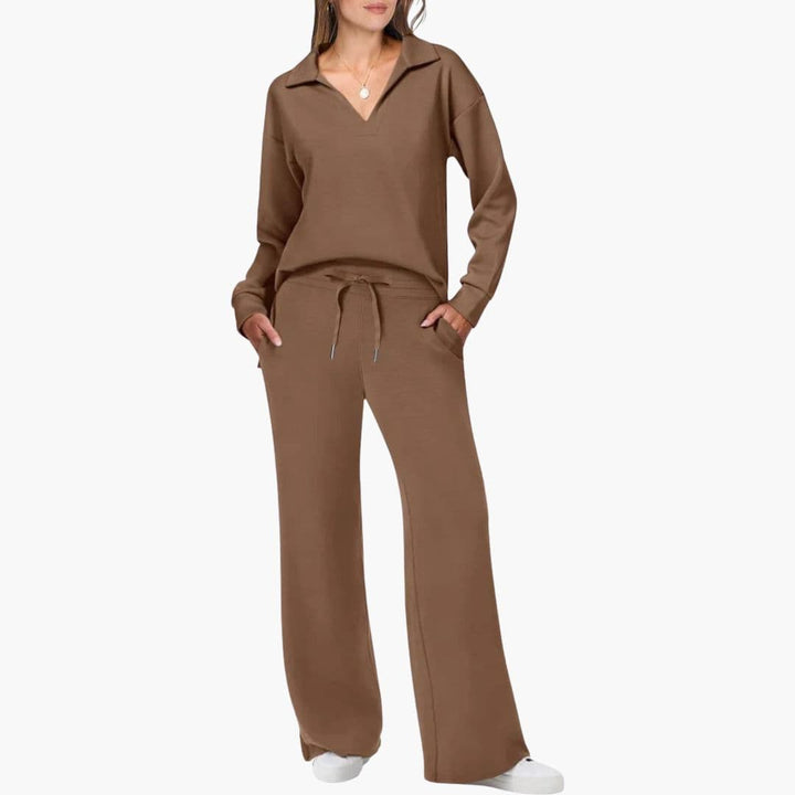 Nora | Chic Two Piece V-Neck Knit Set With Wide Leg Pants