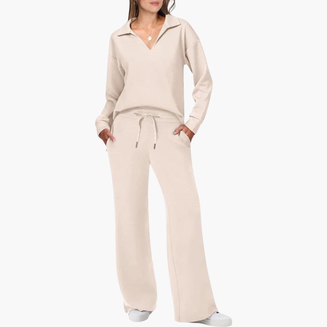 Nora | Chic Two Piece V-Neck Knit Set With Wide Leg Pants