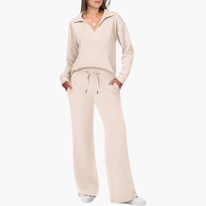 Nora | Chic Two Piece V-Neck Knit Set With Wide Leg Pants