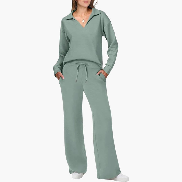 Nora | Chic Two Piece V-Neck Knit Set With Wide Leg Pants