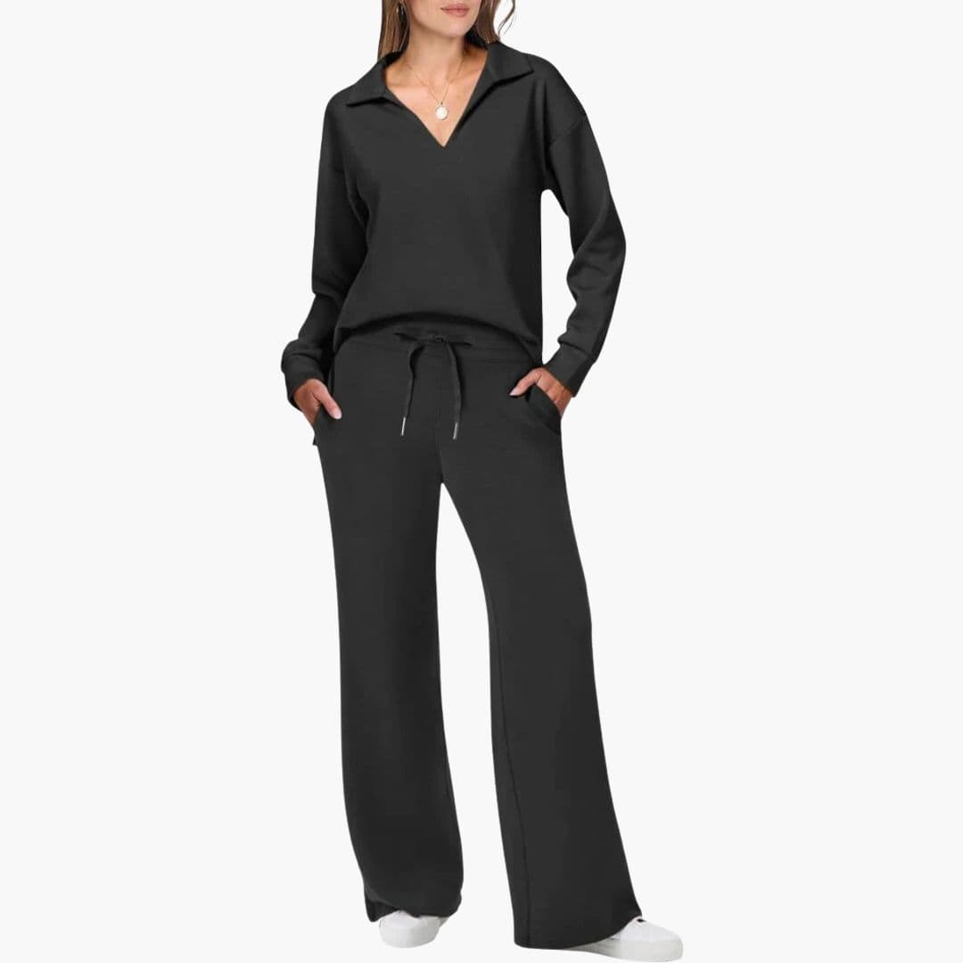 Nora | Chic Two Piece V-Neck Knit Set With Wide Leg Pants