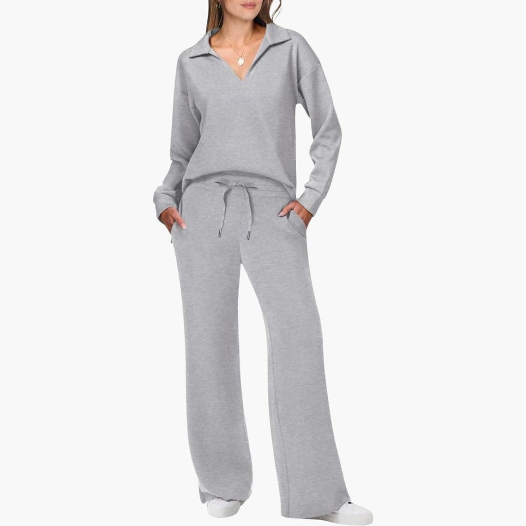 Nora | Chic Two Piece V-Neck Knit Set With Wide Leg Pants