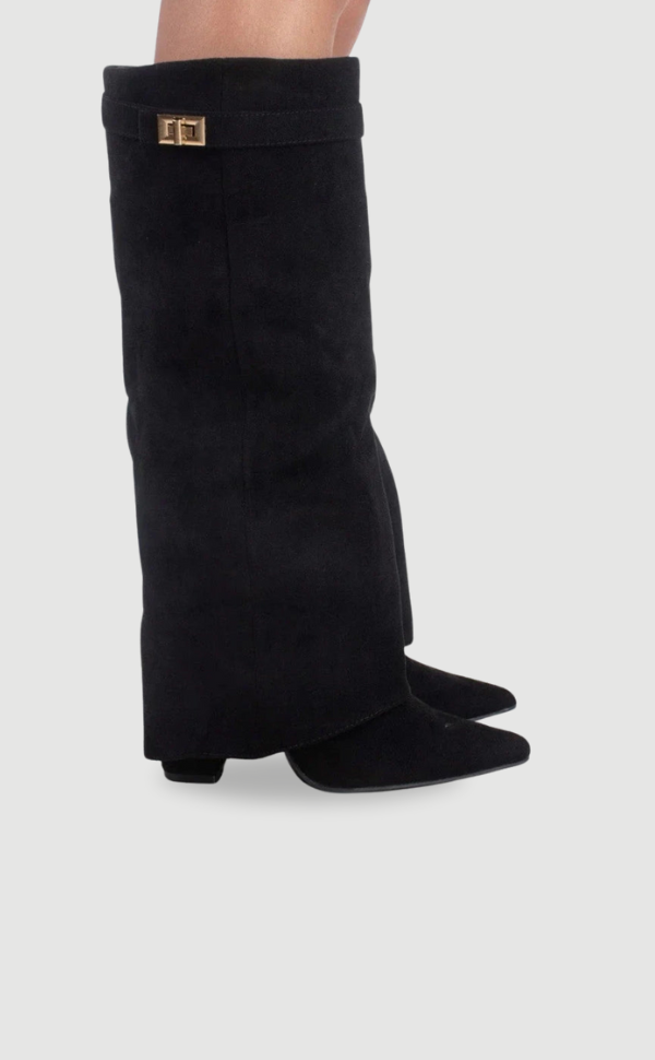 Ruby | Elegant Black Suede Knee-High Boots With Gold Hardware