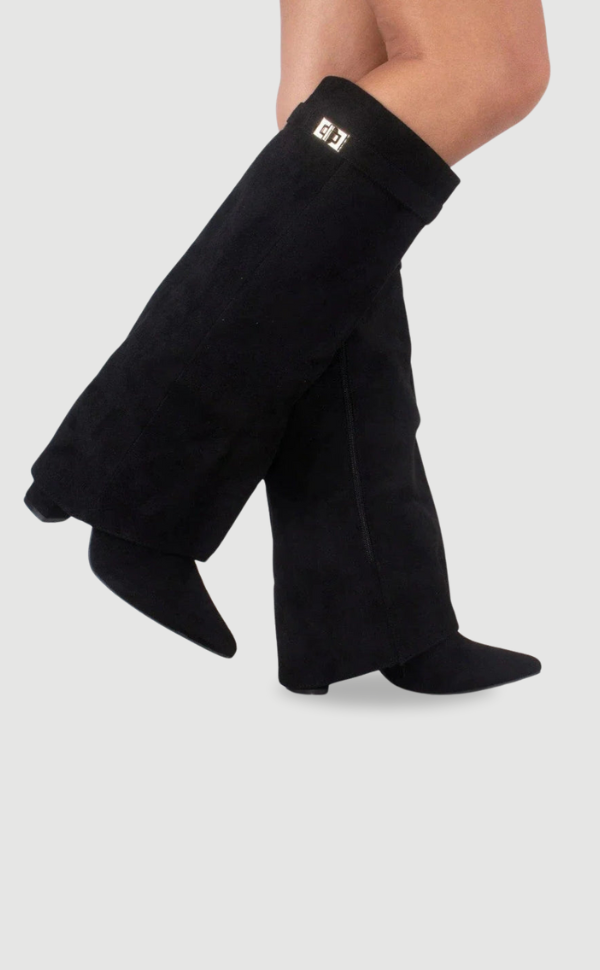 Ruby | Elegant Black Suede Knee-High Boots With Gold Hardware