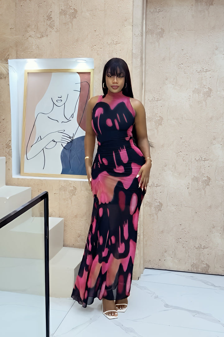 Beatriz | Abstract Ink Print Mesh Halter Maxi Dress