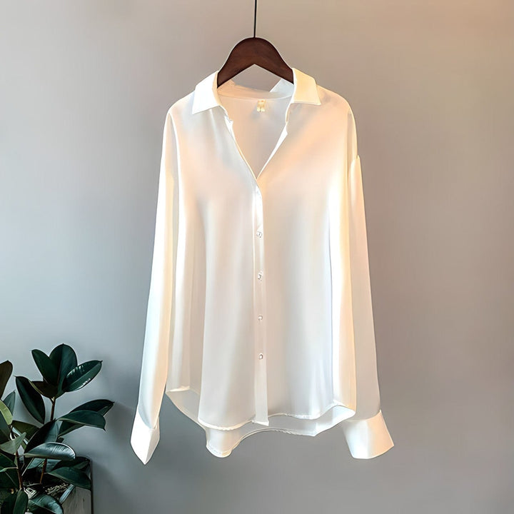 Avery | Elegant Long Sleeve Button Up Satin Blouse For Women