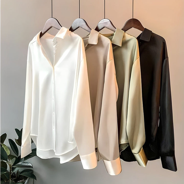 Avery | Elegant Long Sleeve Button Up Satin Blouse For Women