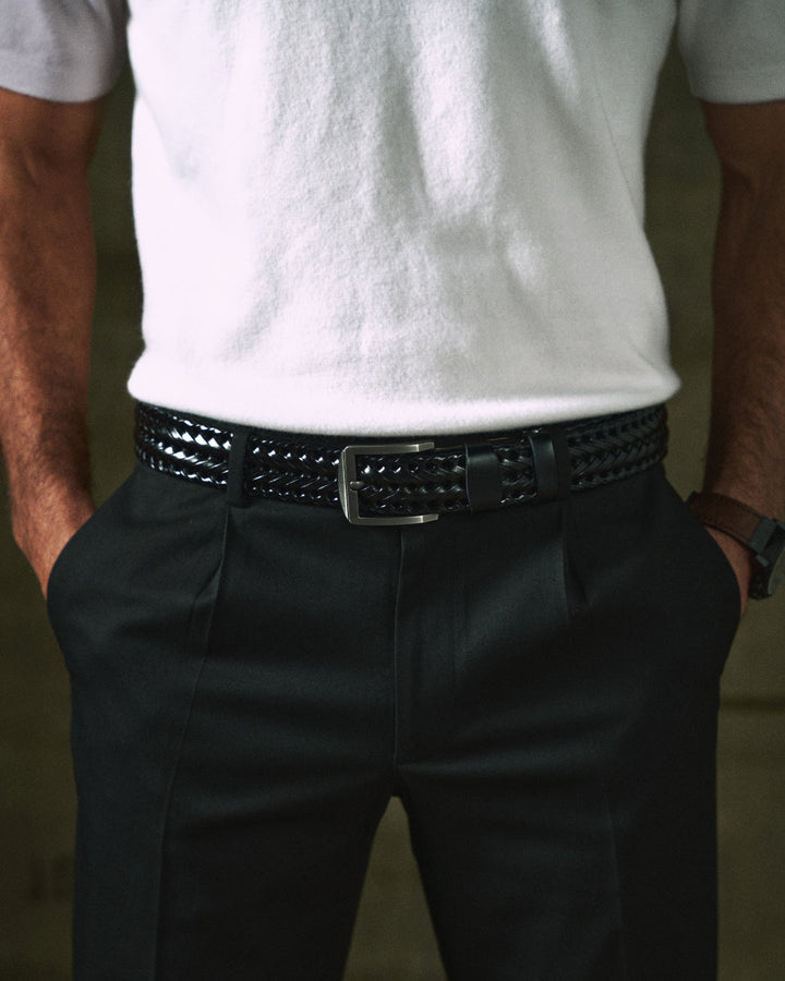 Kai | Sleek Black Braided Cowhide Belt With Polished Buckle