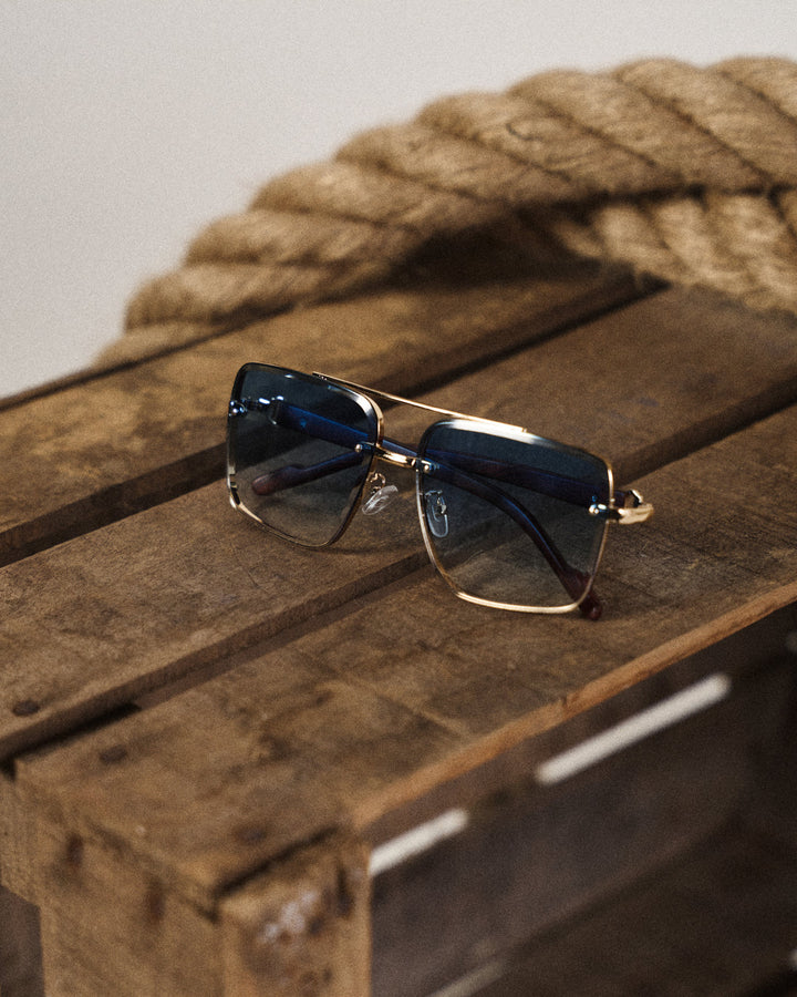Dalston | Stylish Square Frame Blue Lens Sunglasses With Gold Accents