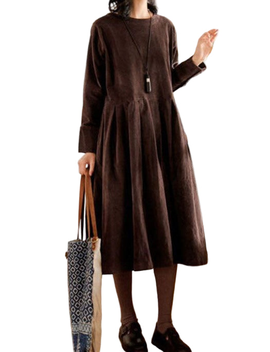 Penelope | Elegant Brown Velvet Long Sleeve A-Line Midi Dress