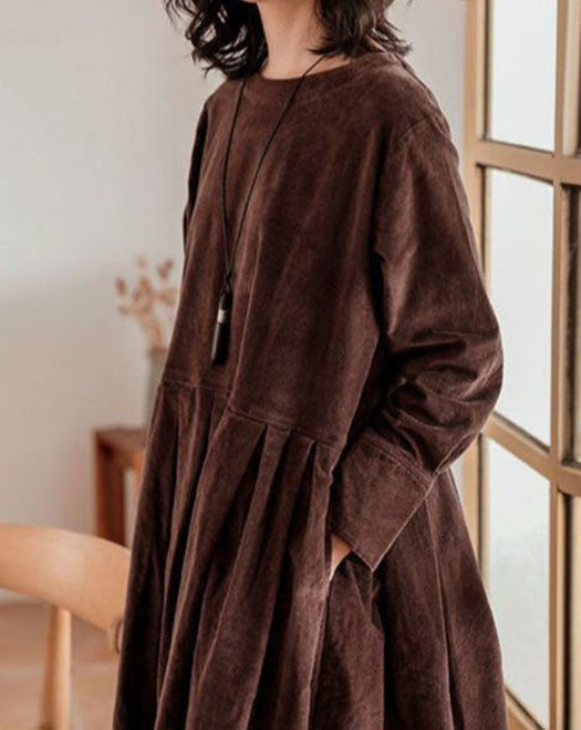 Penelope | Elegant Brown Velvet Long Sleeve A-Line Midi Dress
