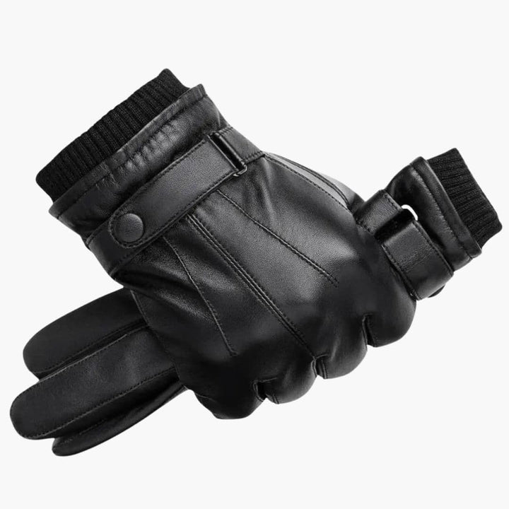 Celia | Sleek Black Leather Winter Gloves With Adjustable Strap