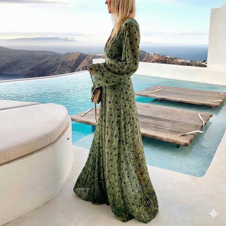 Daphne | Elegant V-Neck Dotted Maxi Dress With Long Sleeves