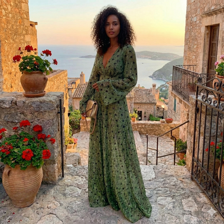 Daphne | Elegant V-Neck Dotted Maxi Dress With Long Sleeves