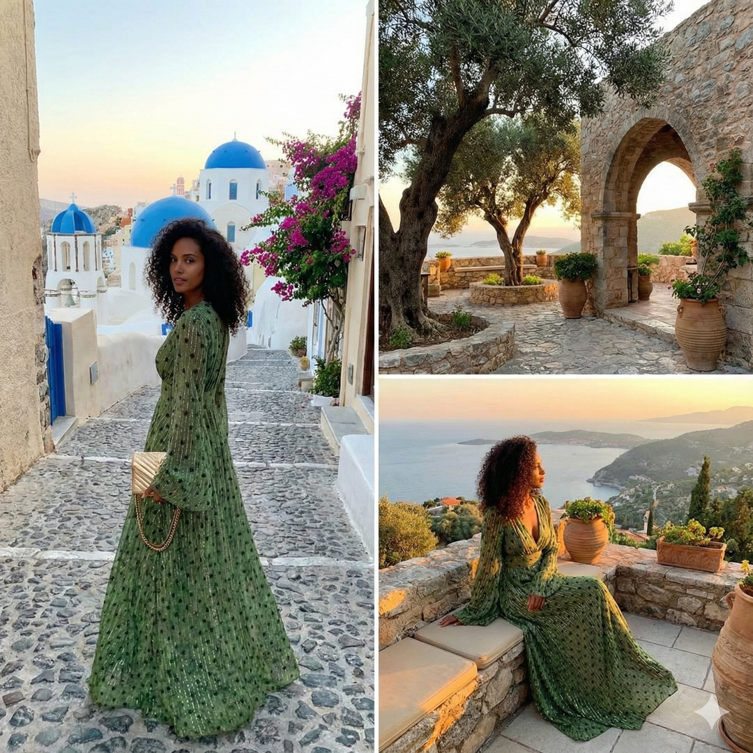 Daphne | Elegant V-Neck Dotted Maxi Dress With Long Sleeves