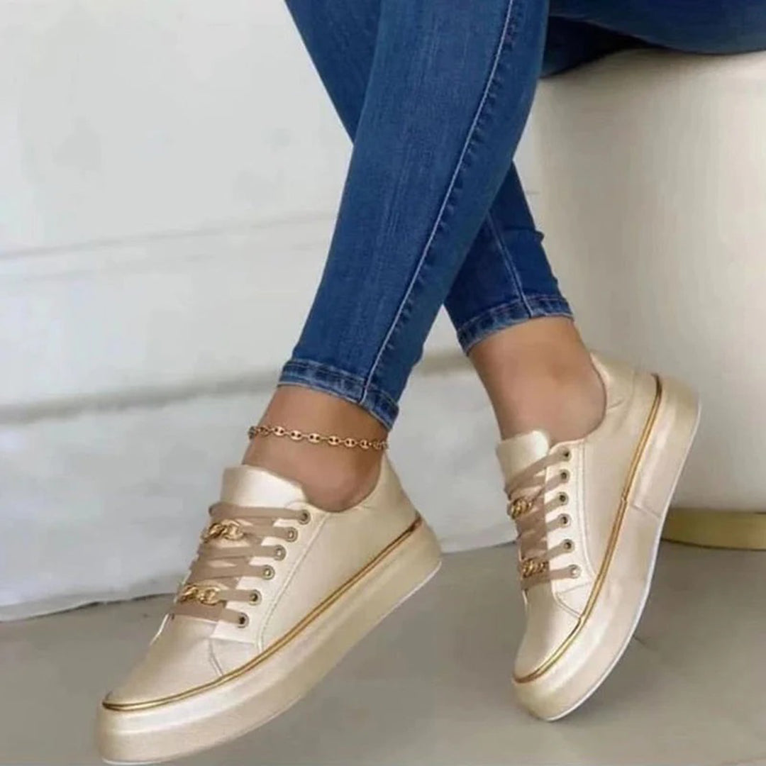 Valeria | Elegant White Platform Sneakers With Gold Chain Details