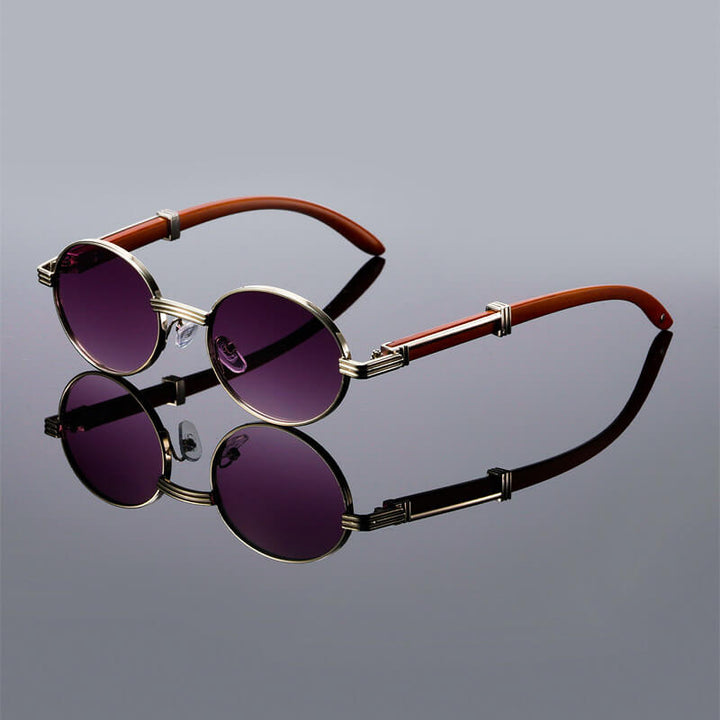 Evelyn | Vintage Oval Blue Lens Sunglasses With Wood Temples