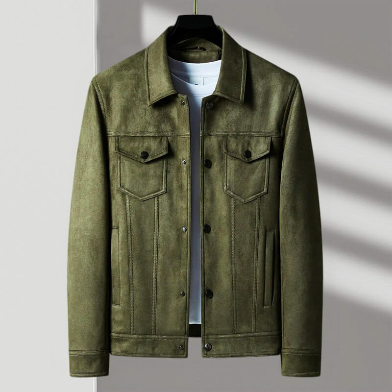 Eliza | Stylish Men's Tan Suede Trucker Jacket With Button Front