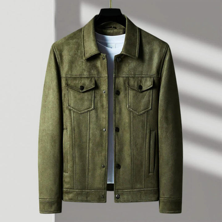 Eliza | Stylish Men's Tan Suede Trucker Jacket With Button Front