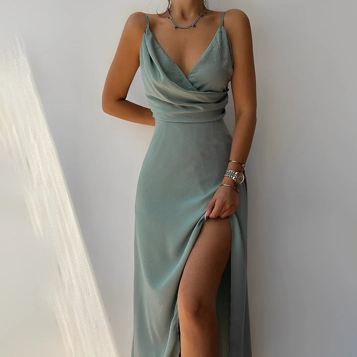 Maxine | Elegant V-Neck Wrap Maxi Dress With Thigh Slit