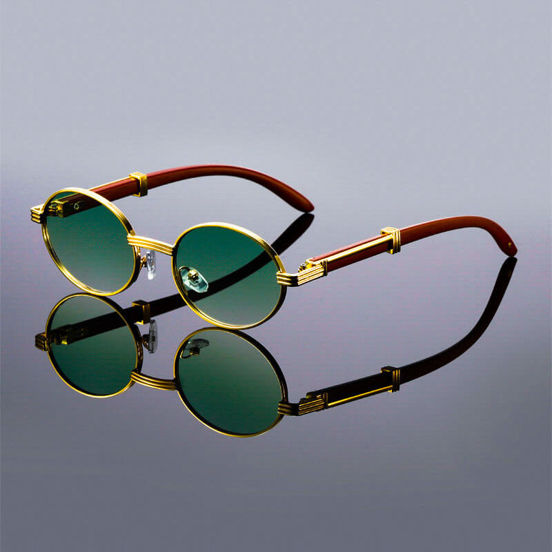 Evelyn | Vintage Oval Blue Lens Sunglasses With Wood Temples