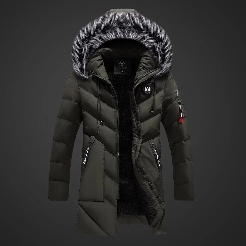 Men's Navy Blue Quilted Long Winter Parka With Fur Hood