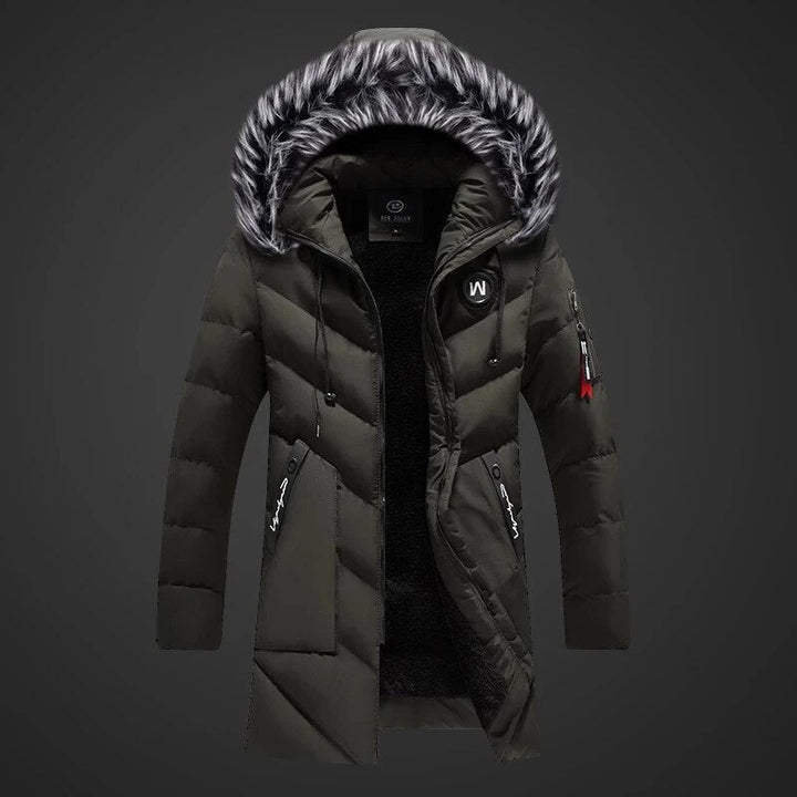 Men's Navy Blue Quilted Long Winter Parka With Fur Hood