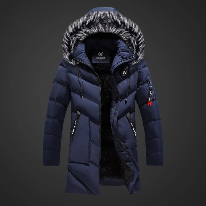 Men's Navy Blue Quilted Long Winter Parka With Fur Hood