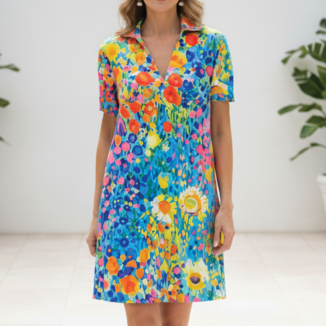Elyse | Chic V-Neck Polka Dot Midi Dress With Short Sleeves