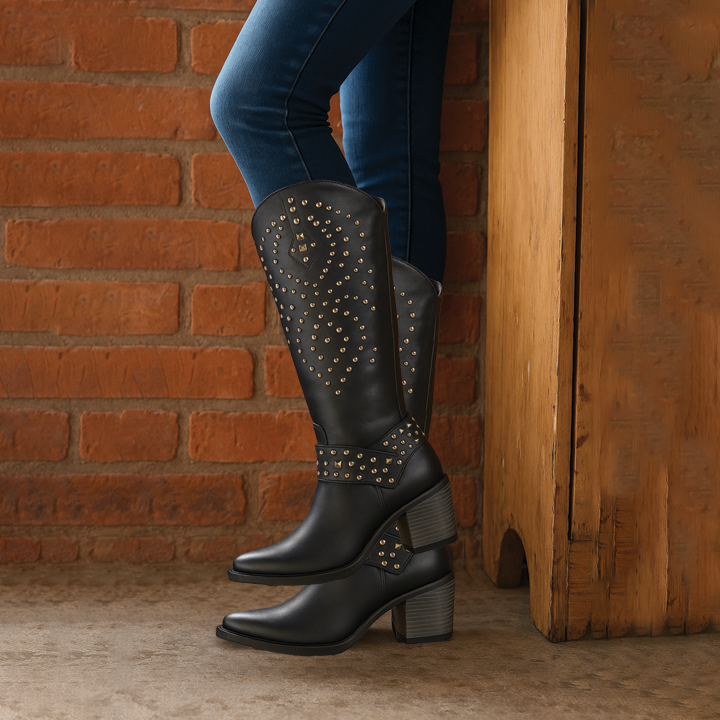 Evelyn | Stylish Studded Western Knee-High Boots