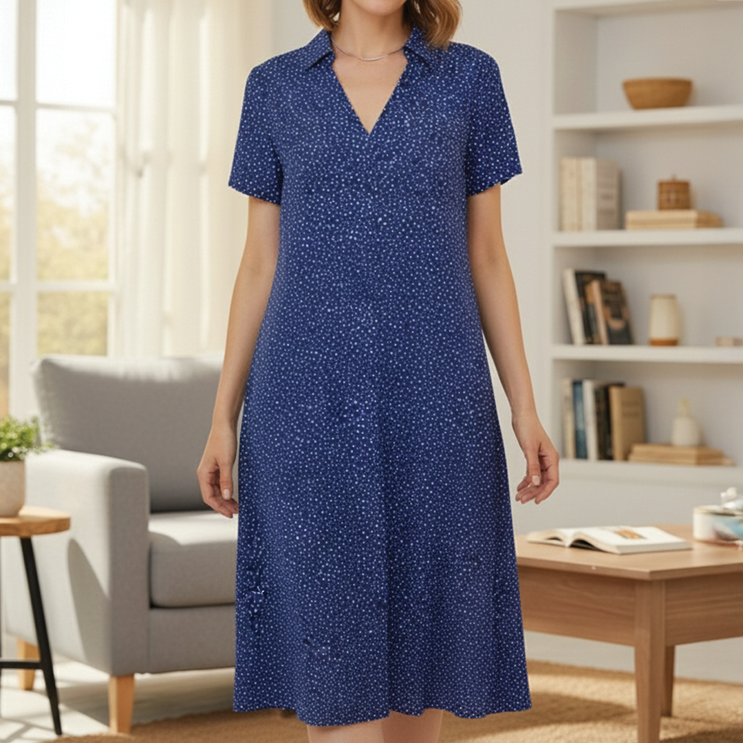 Elyse | Chic V-Neck Polka Dot Midi Dress With Short Sleeves